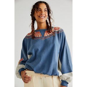 Free People Blue and Gray Sweater with Embroidered Details